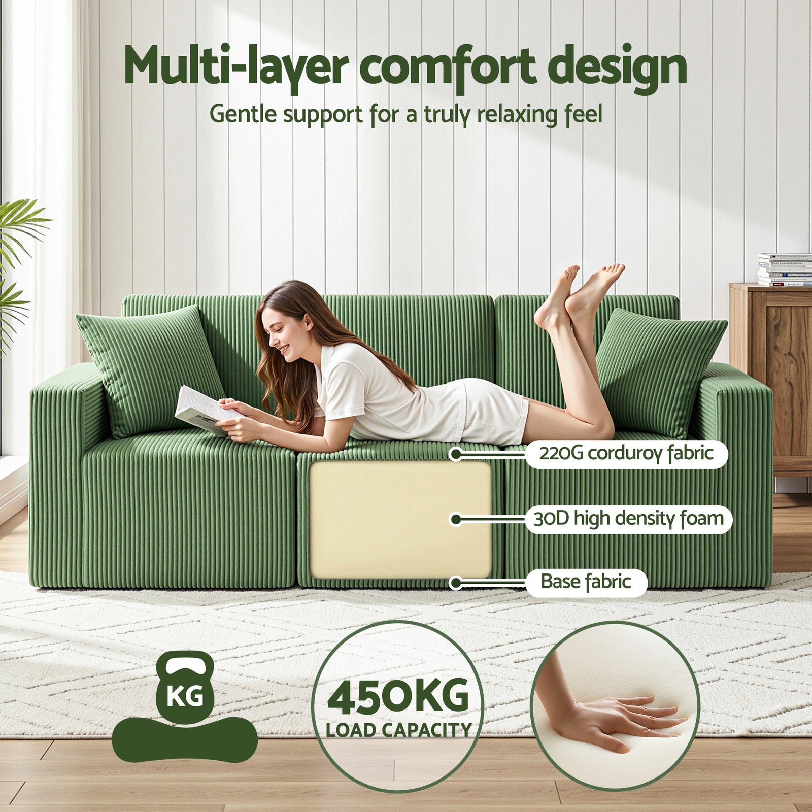 Modular 3-Seater Sofa Bed Convertible Sectional Floor Couch with Deep Seat