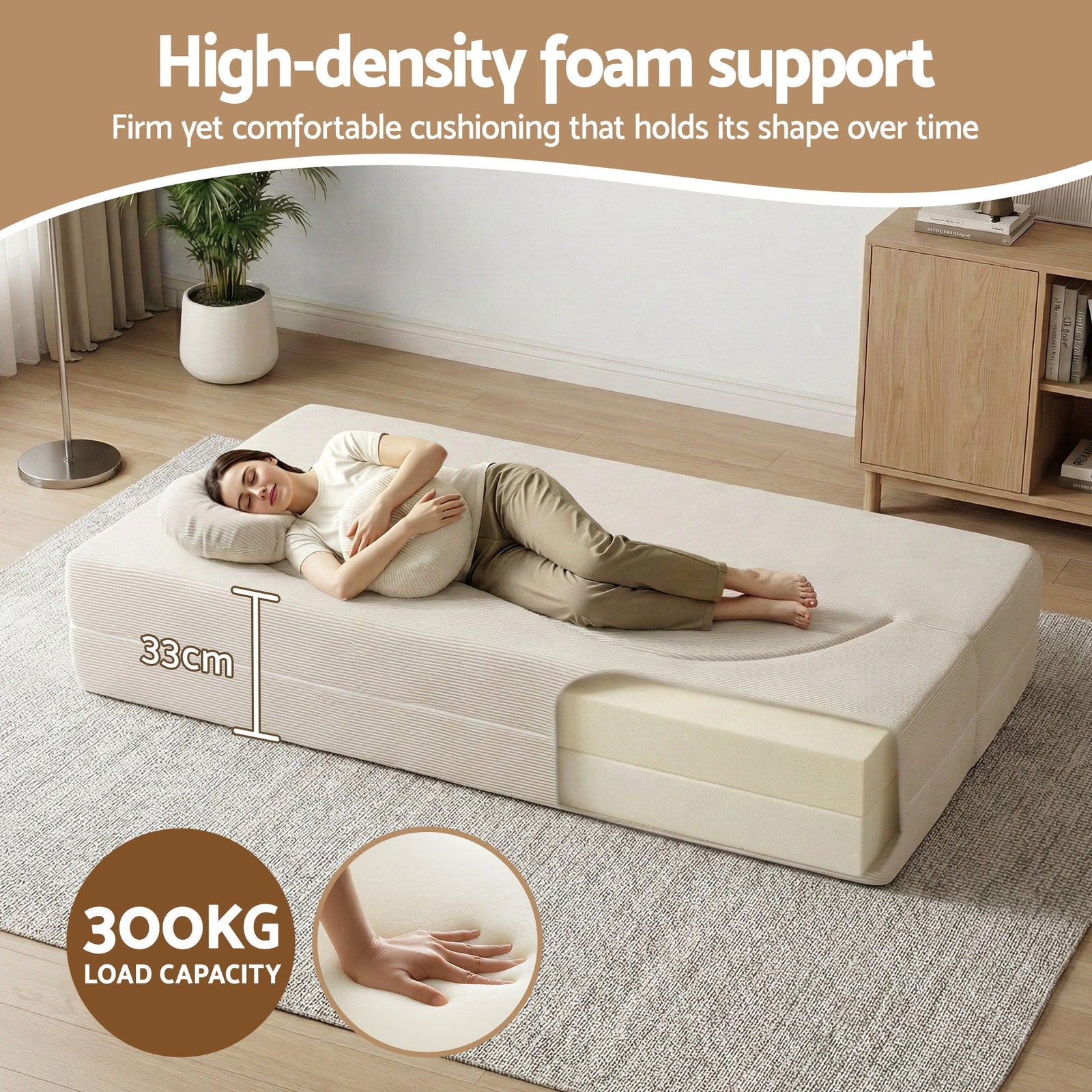 Folding Sofa Bed Floor Couch 2-in-1 Convertible Futon Loveseat Beige