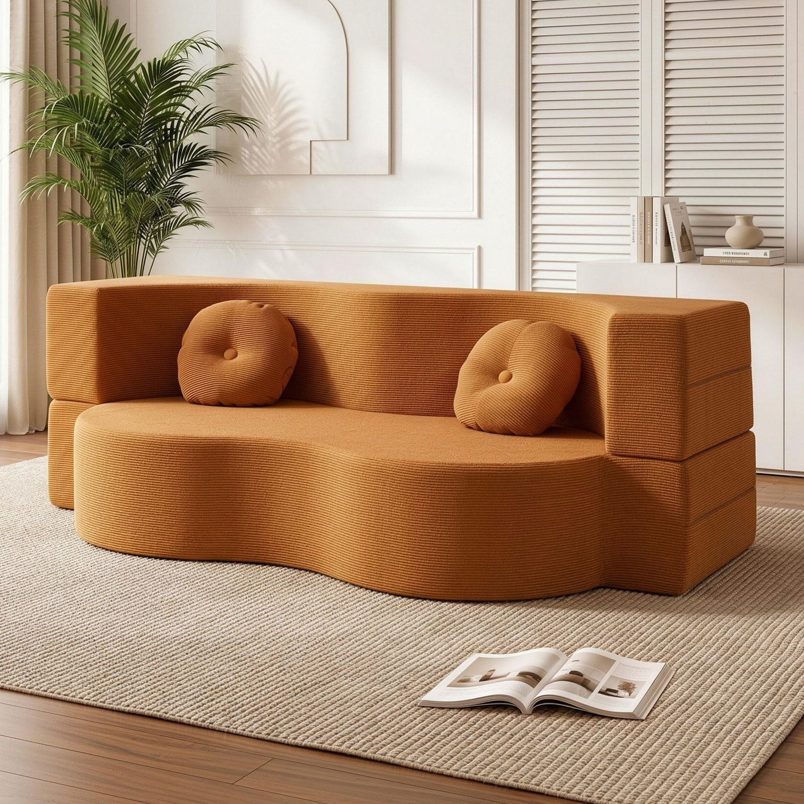 Artiss Folding Sofa Bed – 2‑in‑1 Corduroy Futon, Orange, Twin Sleeper, 300kg