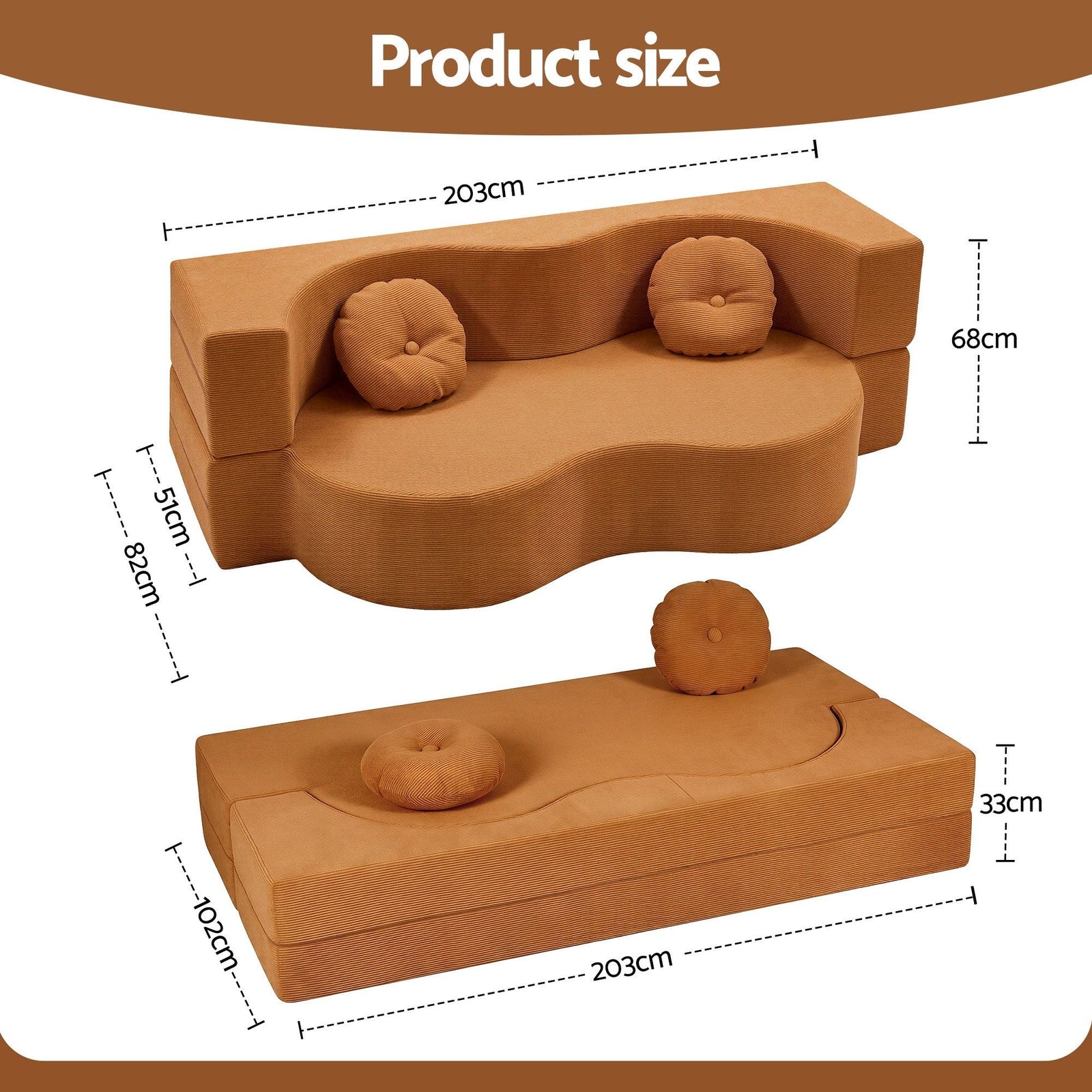 Artiss Folding Sofa Bed – 2‑in‑1 Corduroy Futon, Orange, Twin Sleeper, 300kg