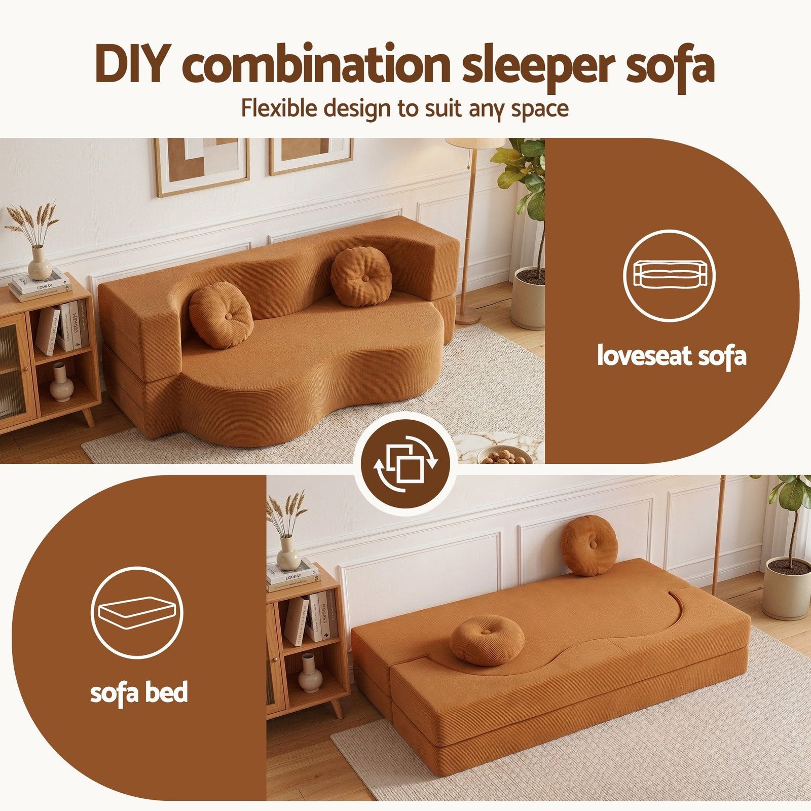 Artiss Folding Sofa Bed – 2‑in‑1 Corduroy Futon, Orange, Twin Sleeper, 300kg