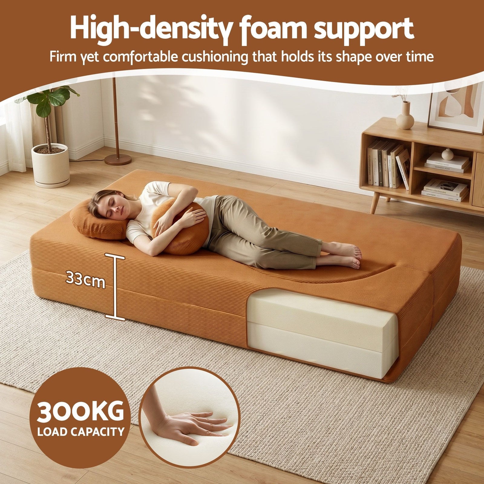 Artiss Folding Sofa Bed – 2‑in‑1 Corduroy Futon, Orange, Twin Sleeper, 300kg