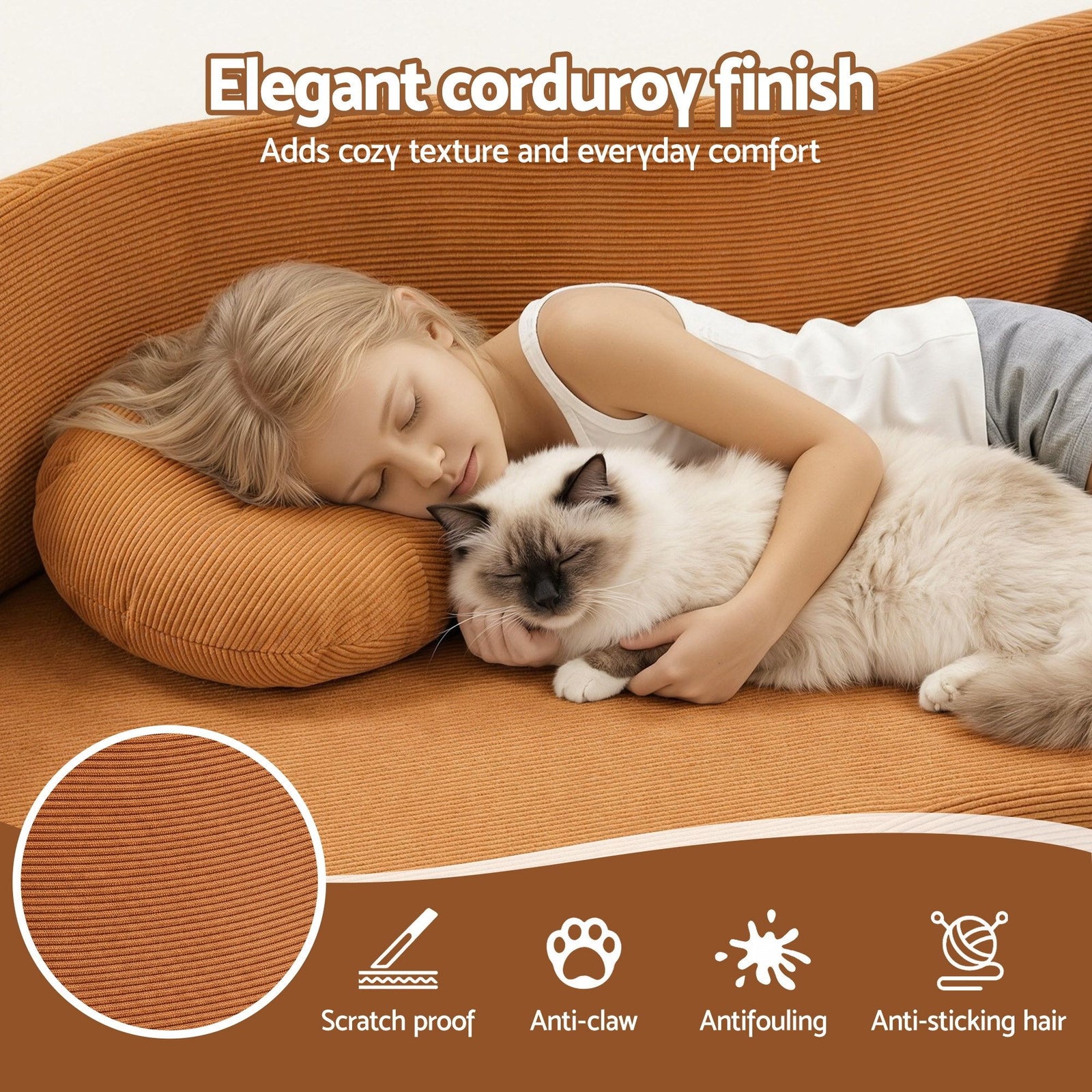 Artiss Folding Sofa Bed – 2‑in‑1 Corduroy Futon, Orange, Twin Sleeper, 300kg