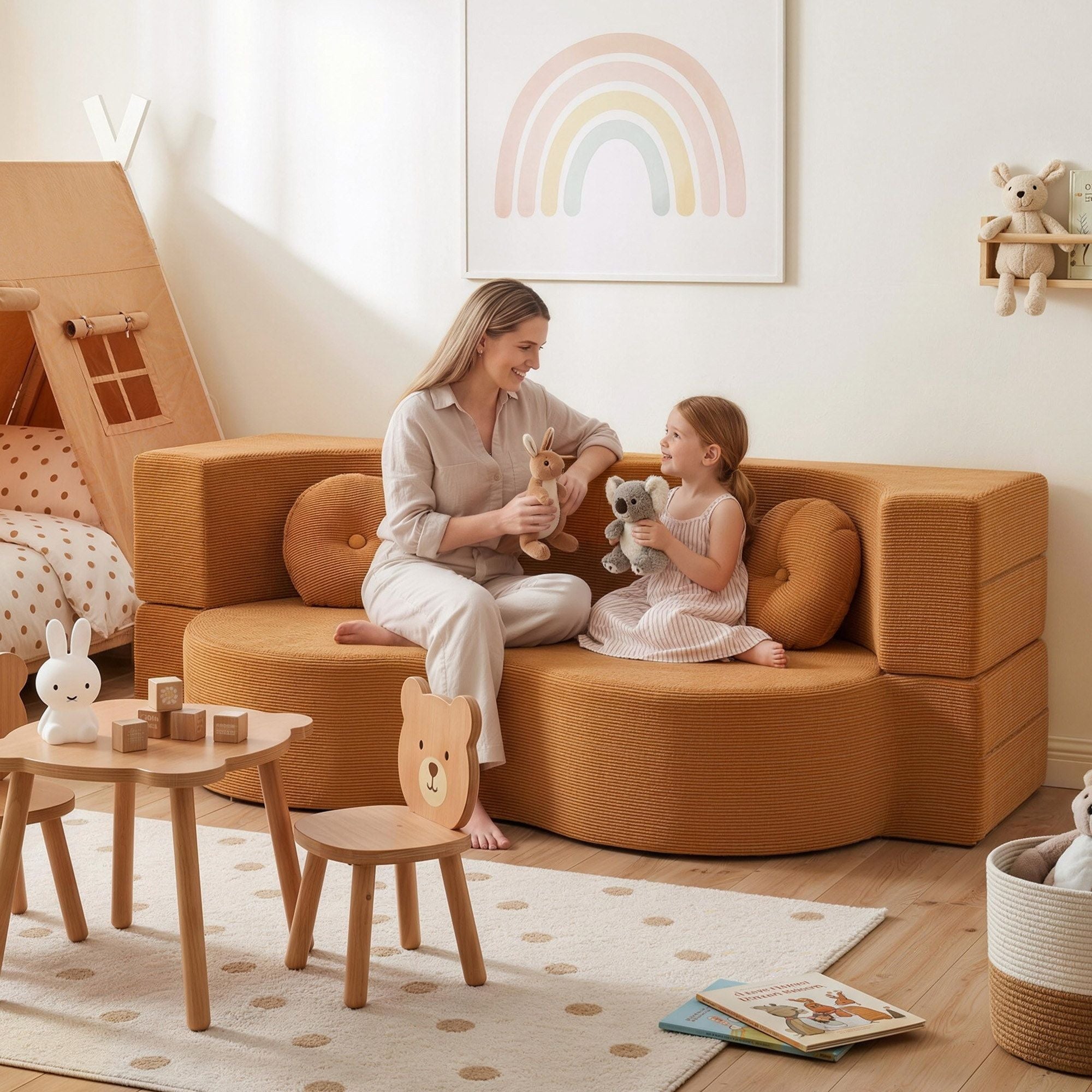 Folding Sofa Bed – 2‑in‑1 Corduroy Futon, Orange, Twin Sleeper, 300kg