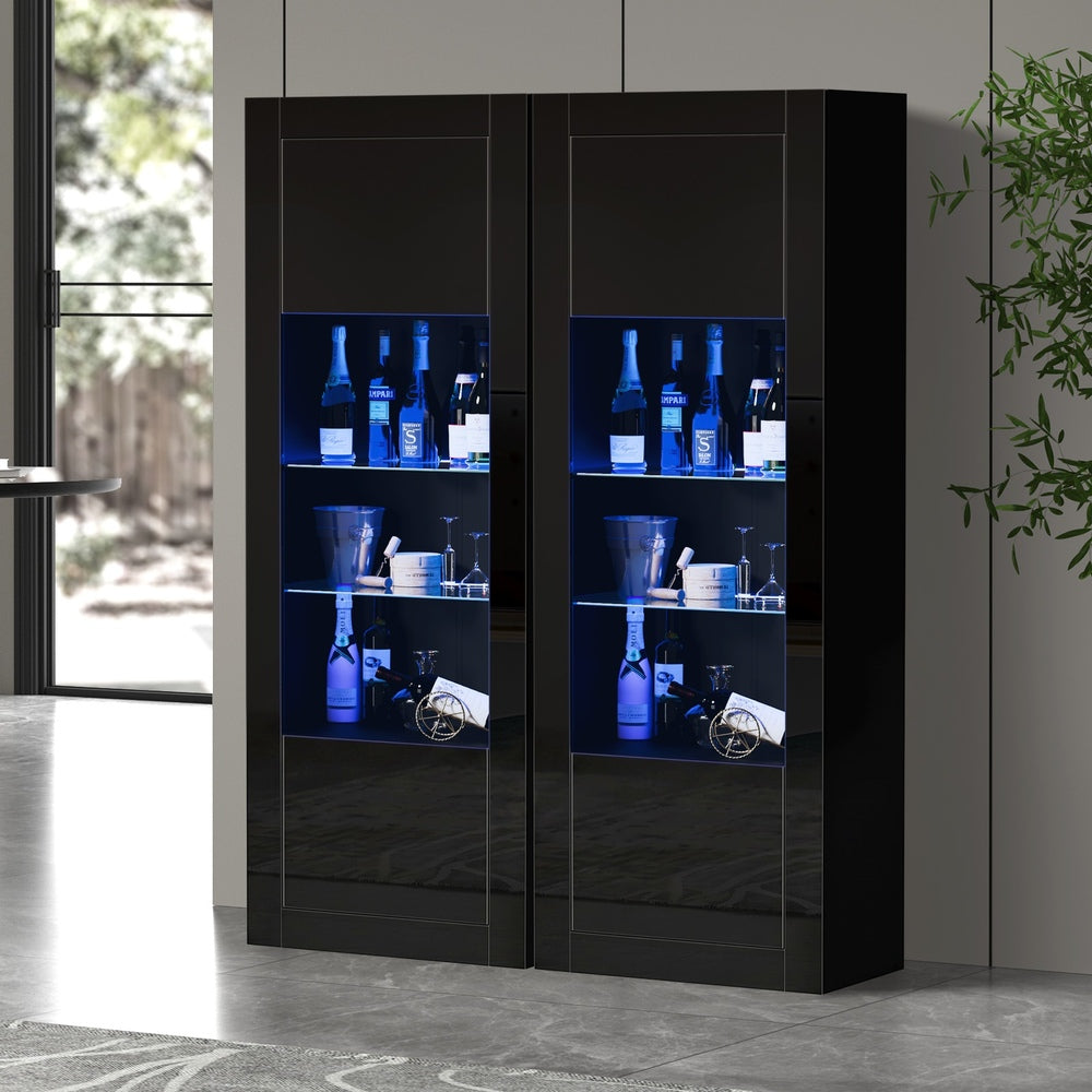 Oikiture 2PCS Display Cabinet Sideboard Storage Cupboard LED Black