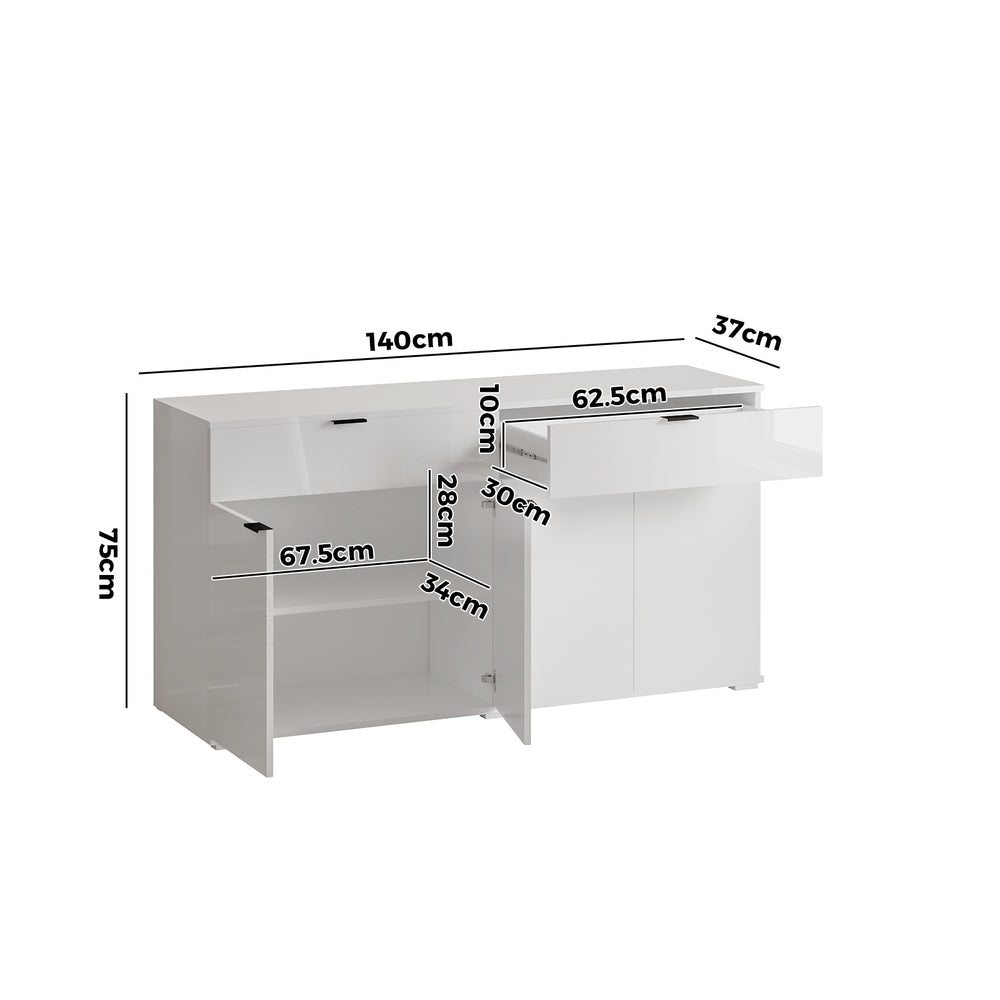 Sideboard High Gloss 4 Doors 2 Drawers White