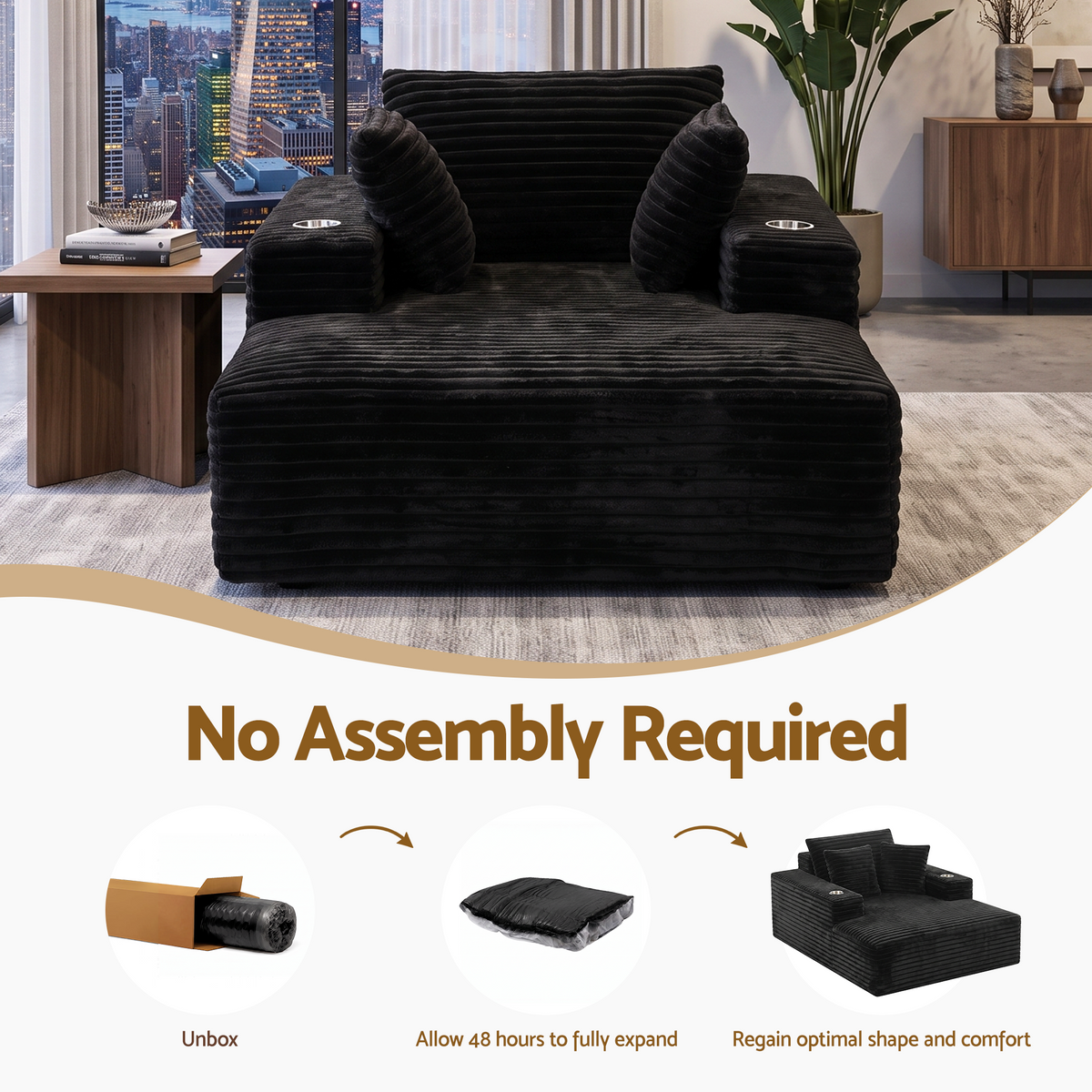Artiss Sofa Bed Lounge Chair Sleeper Couch Chaise Single Seater Faux Fur Black
