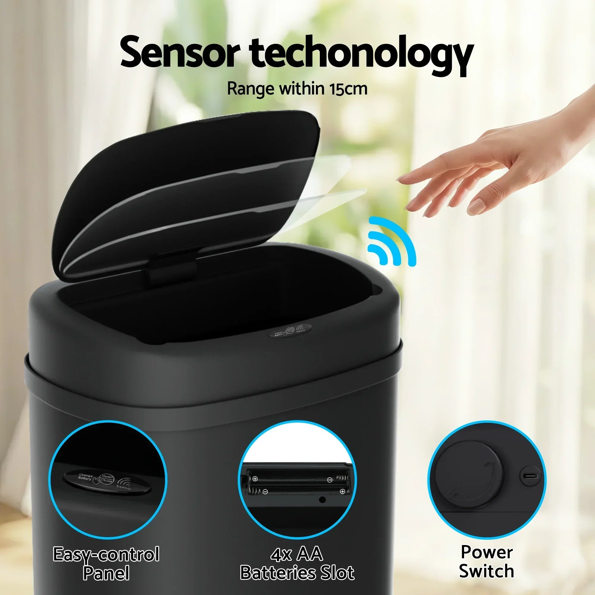 50L Motion Sensor Rubbish Bin Automatic Touchless Kitchen Trash Can Black