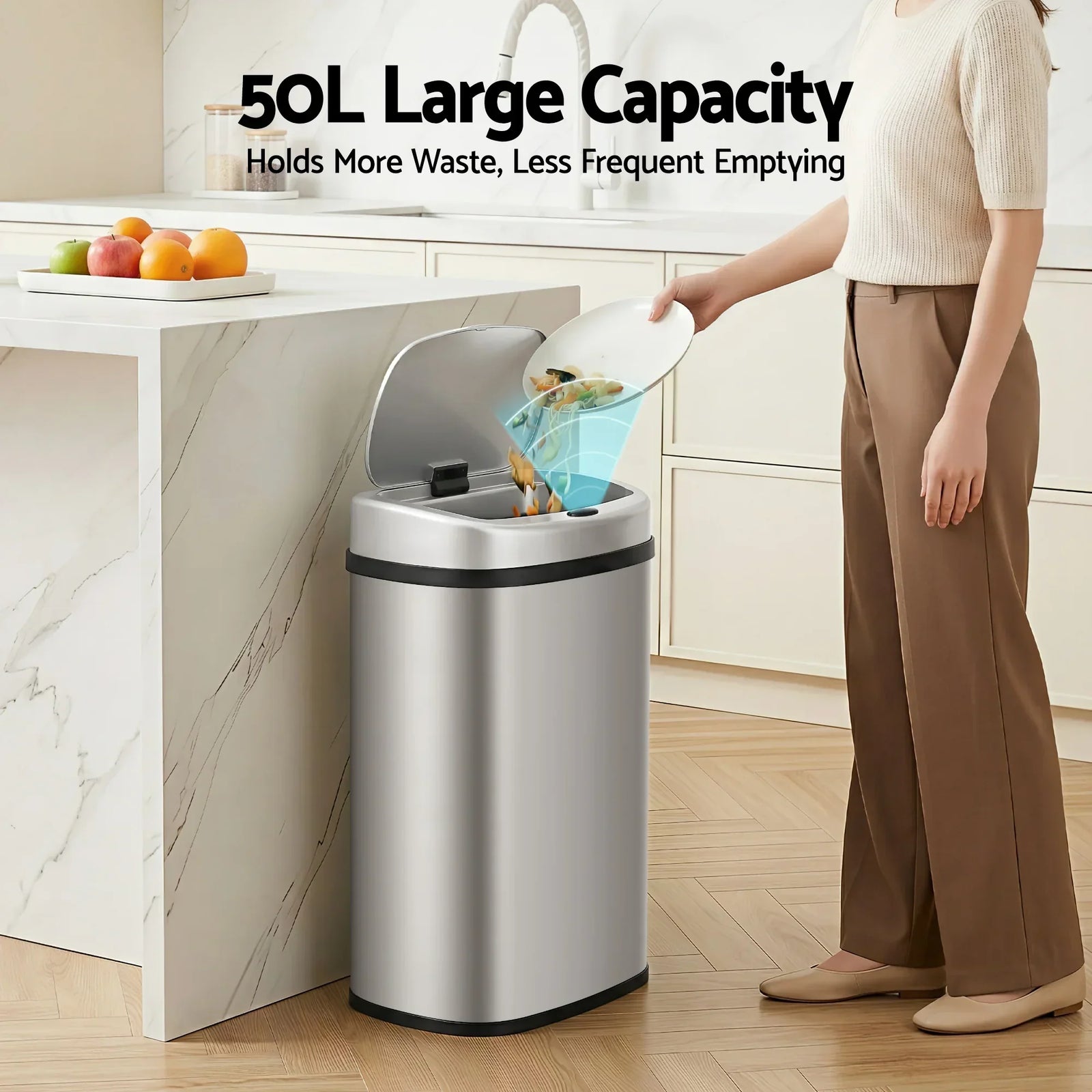 50L Motion Sensor Rubbish Bin Automatic Touchless Kitchen Trash Can Silver