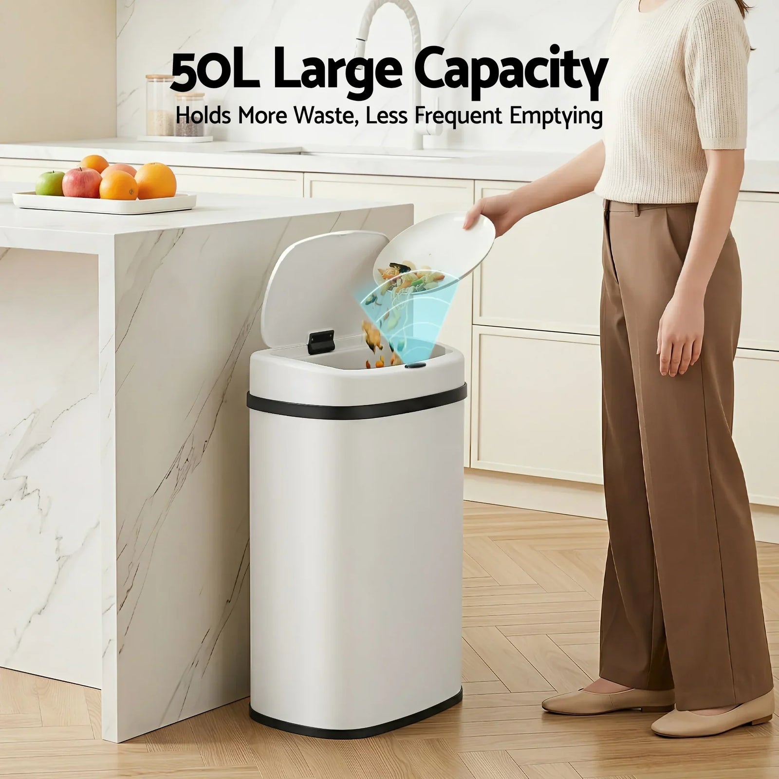 50L Motion Sensor Rubbish Bin Automatic Touchless Kitchen Trash Can White