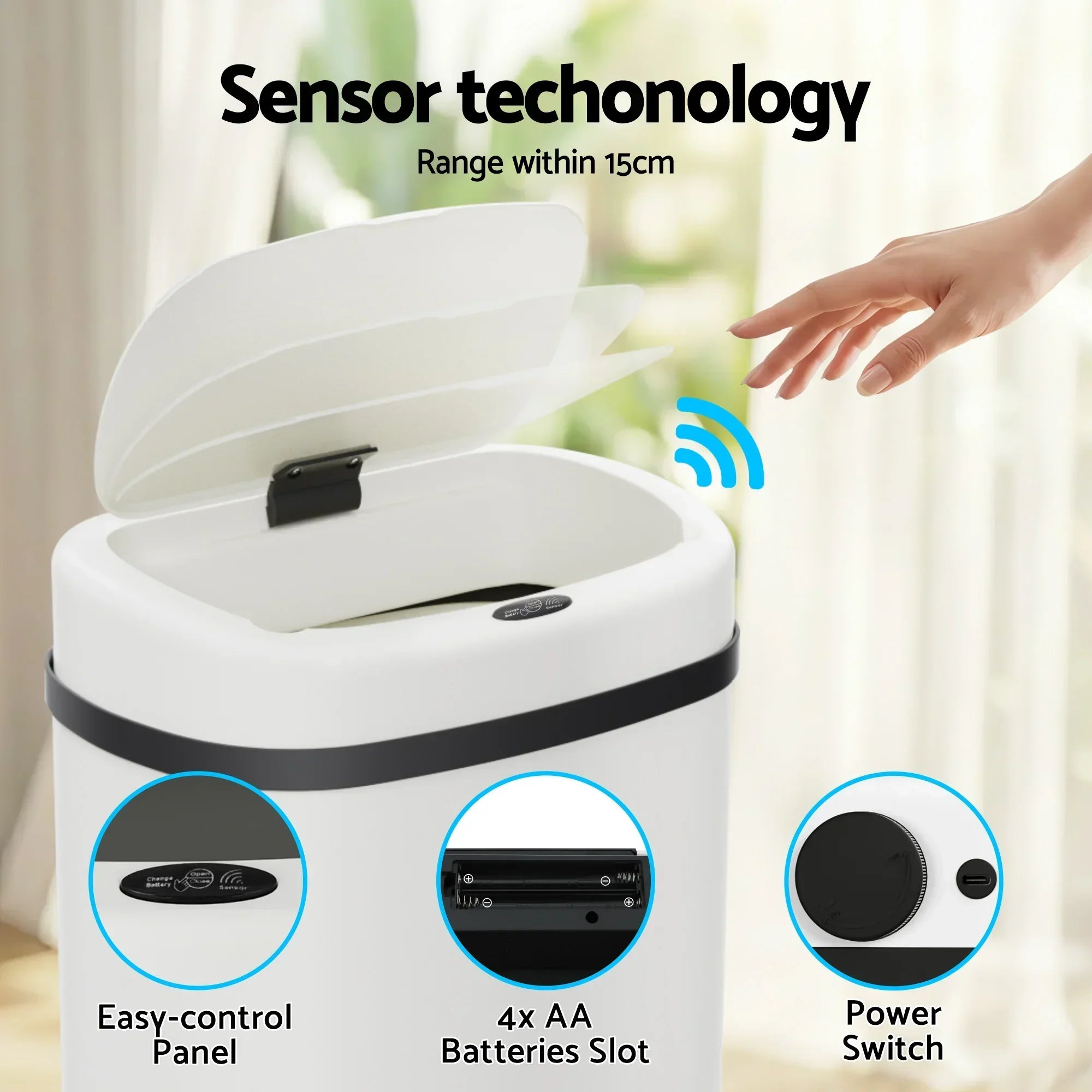 50L Motion Sensor Rubbish Bin Automatic Touchless Kitchen Trash Can White