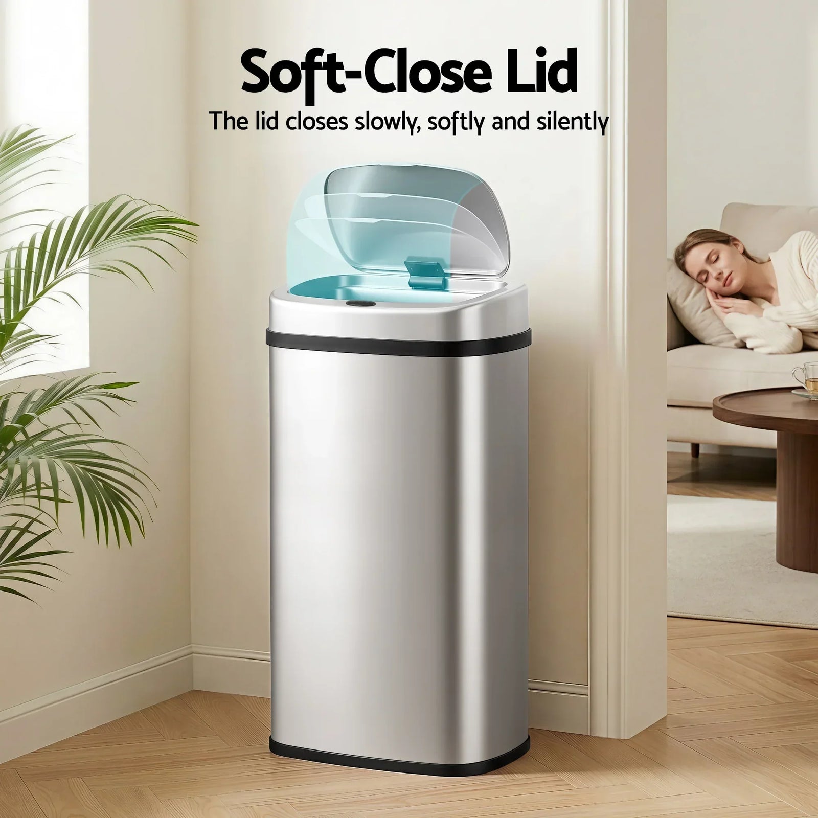 Motion Sensor Bin 60L – Stainless Steel, Hands‑Free, Soft‑Close, Silver