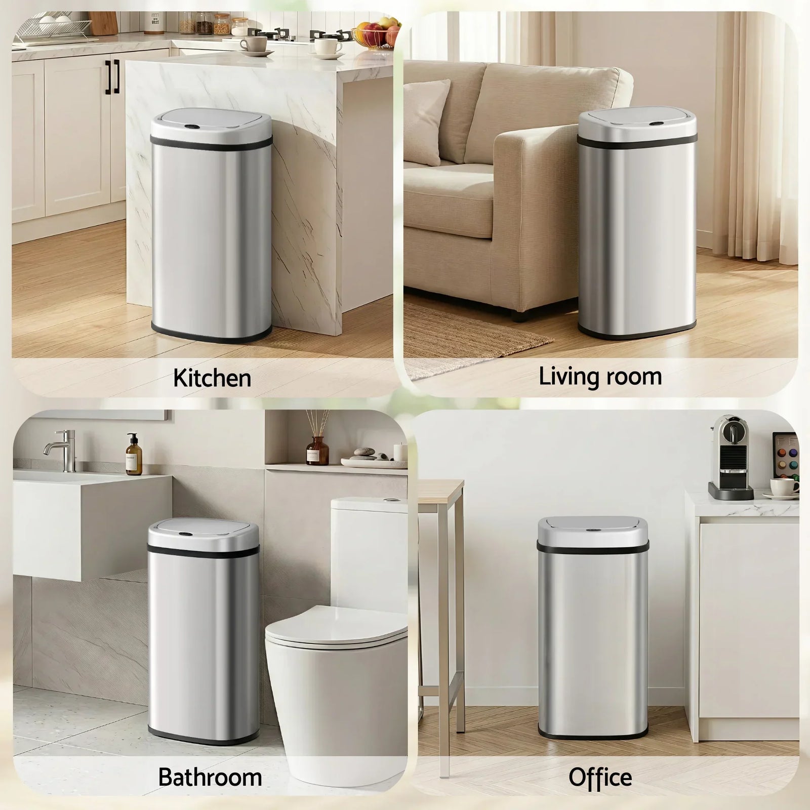 Motion Sensor Bin 60L – Stainless Steel, Hands‑Free, Soft‑Close, Silver