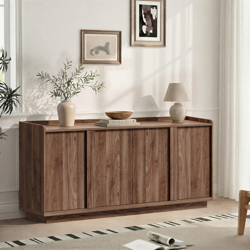 Oikiture 160cm 4-Door Buffet Sideboard Cupboard Storage Table, Walnut Finish