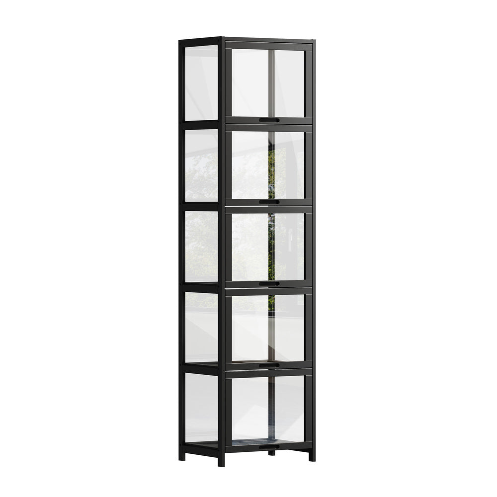 Display Cabinet Black – Slim 5‑Tier Bamboo Frame with Clear Acrylic Doors