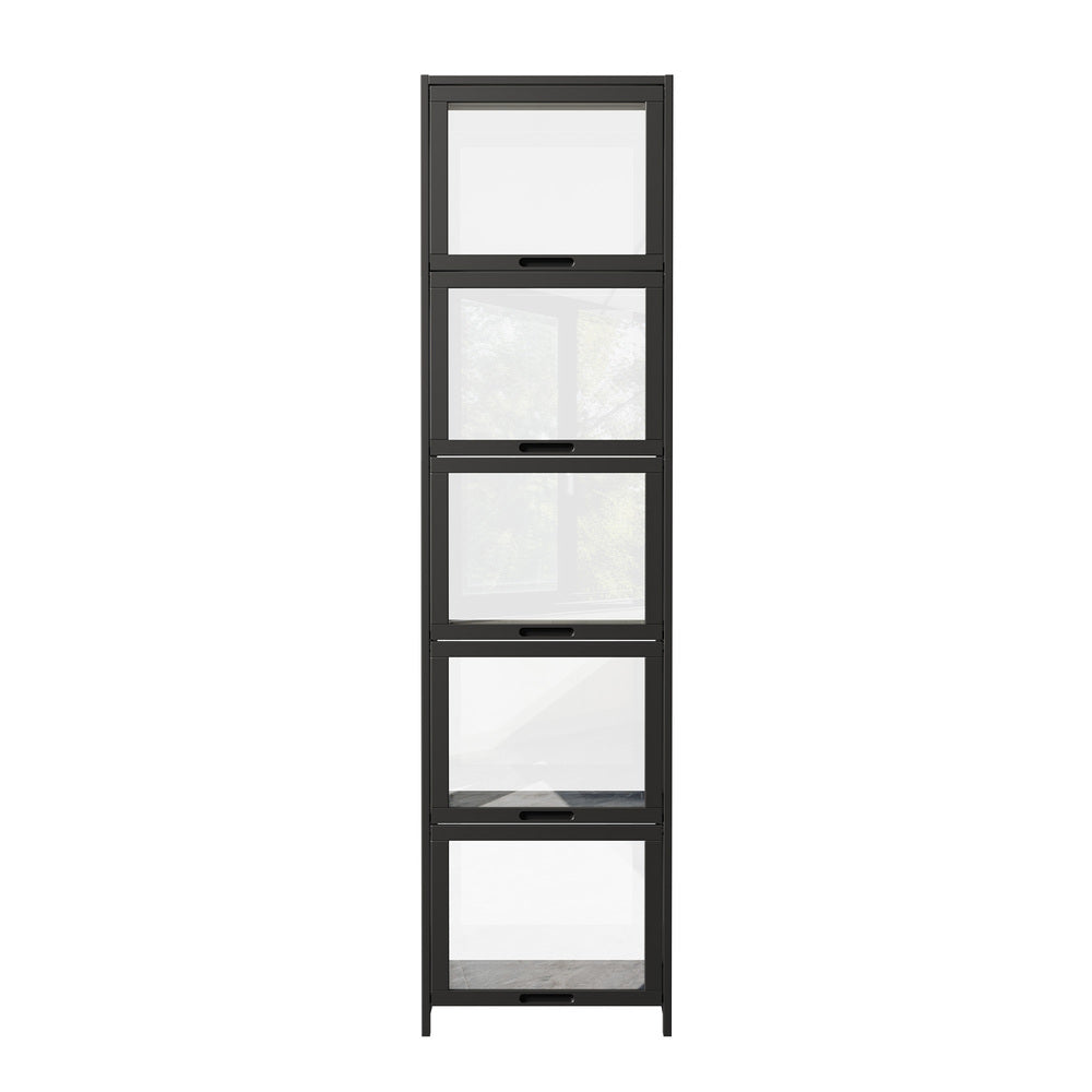 Display Cabinet Black – Slim 5‑Tier Bamboo Frame with Clear Acrylic Doors