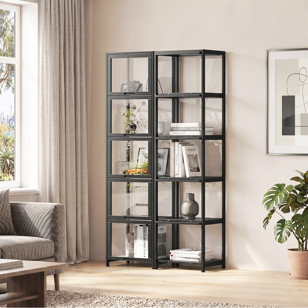 Display Cabinet Black – Slim 5‑Tier Bamboo Frame with Clear Acrylic Doors