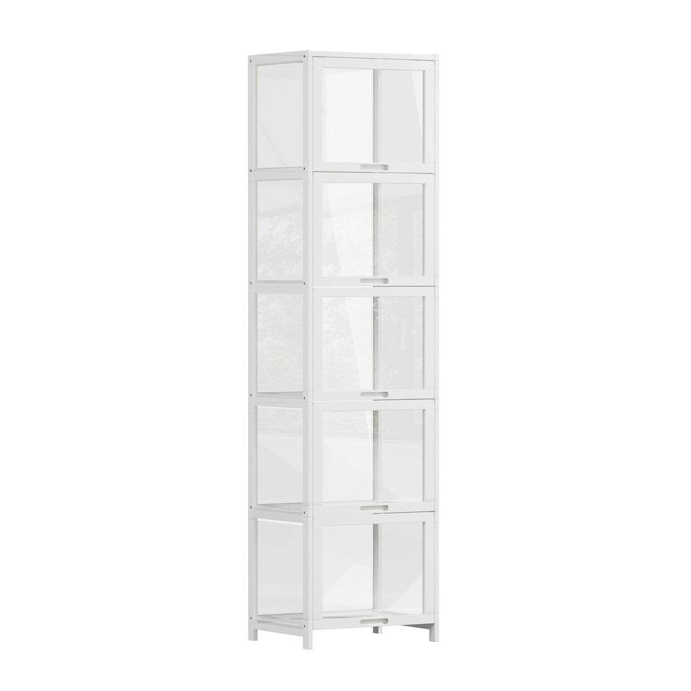 Display Cabinet White – Slim 5‑Tier Bamboo Frame with Clear Acrylic Doors