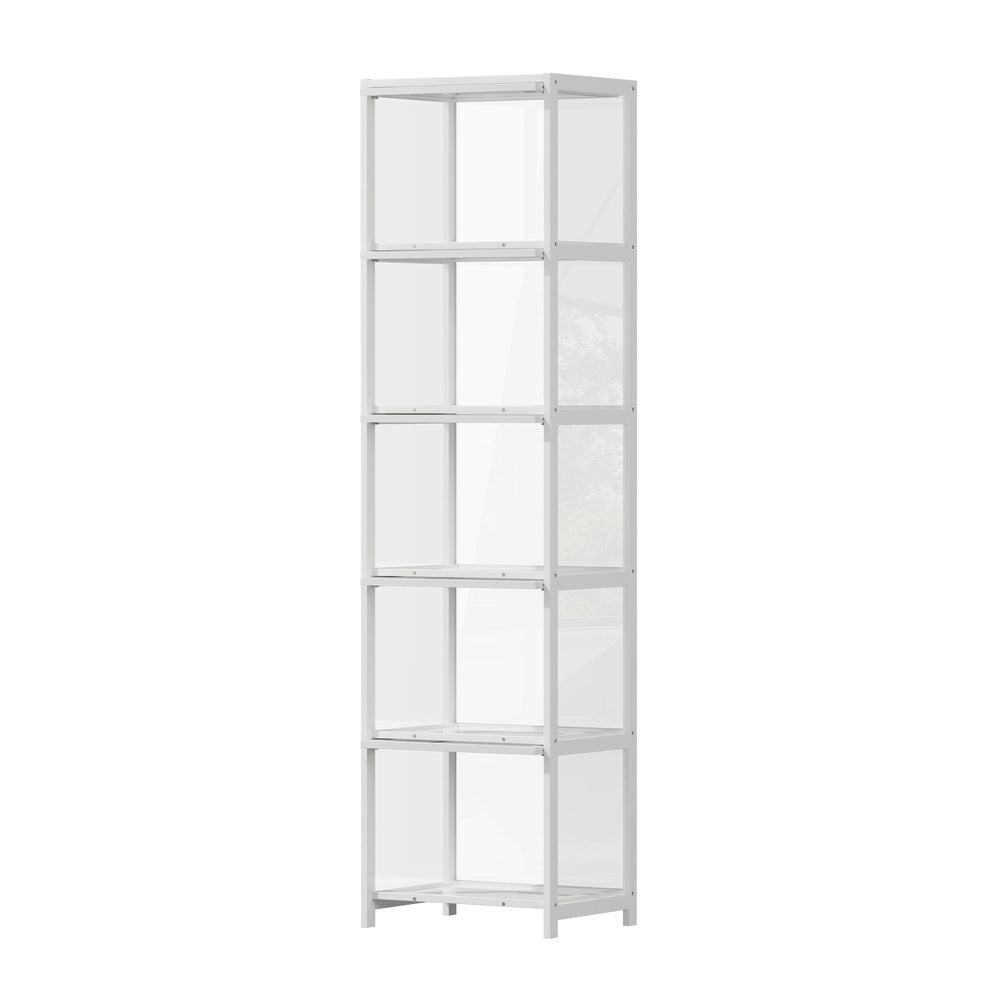 Display Cabinet White – Slim 5‑Tier Bamboo Frame with Clear Acrylic Doors
