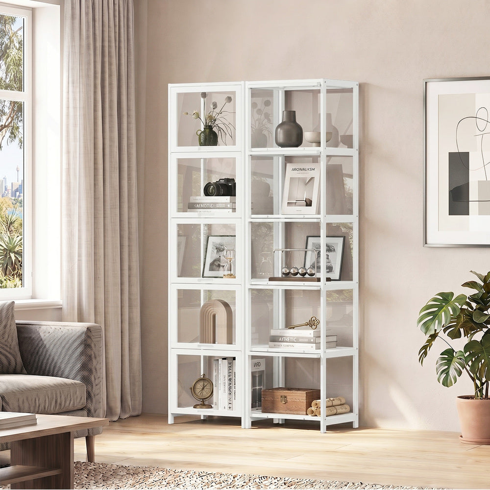 Display Cabinet White – Slim 5‑Tier Bamboo Frame with Clear Acrylic Doors