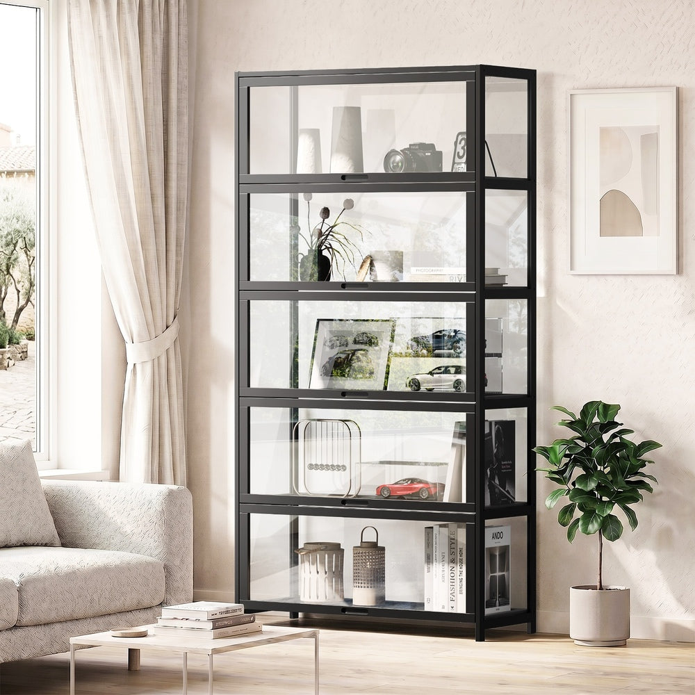 Display Cabinet Black – 5‑Tier Bamboo Frame with Clear Acrylic Doors