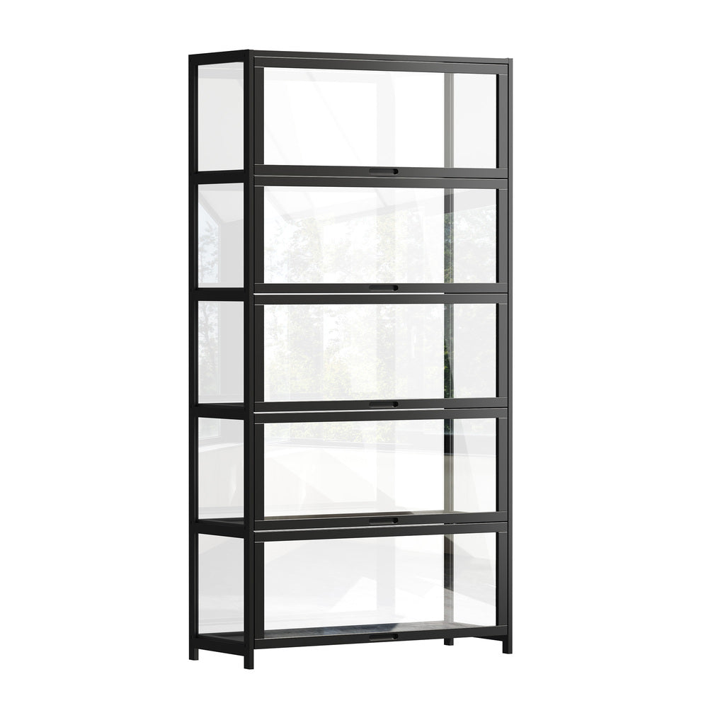 Display Cabinet Black – 5‑Tier Bamboo Frame with Clear Acrylic Doors