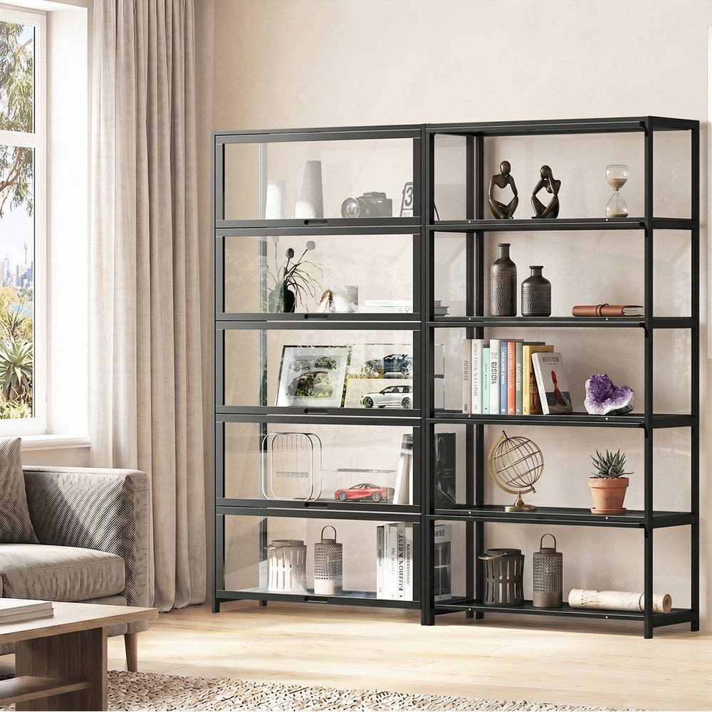 Display Cabinet Black – 5‑Tier Bamboo Frame with Clear Acrylic Doors
