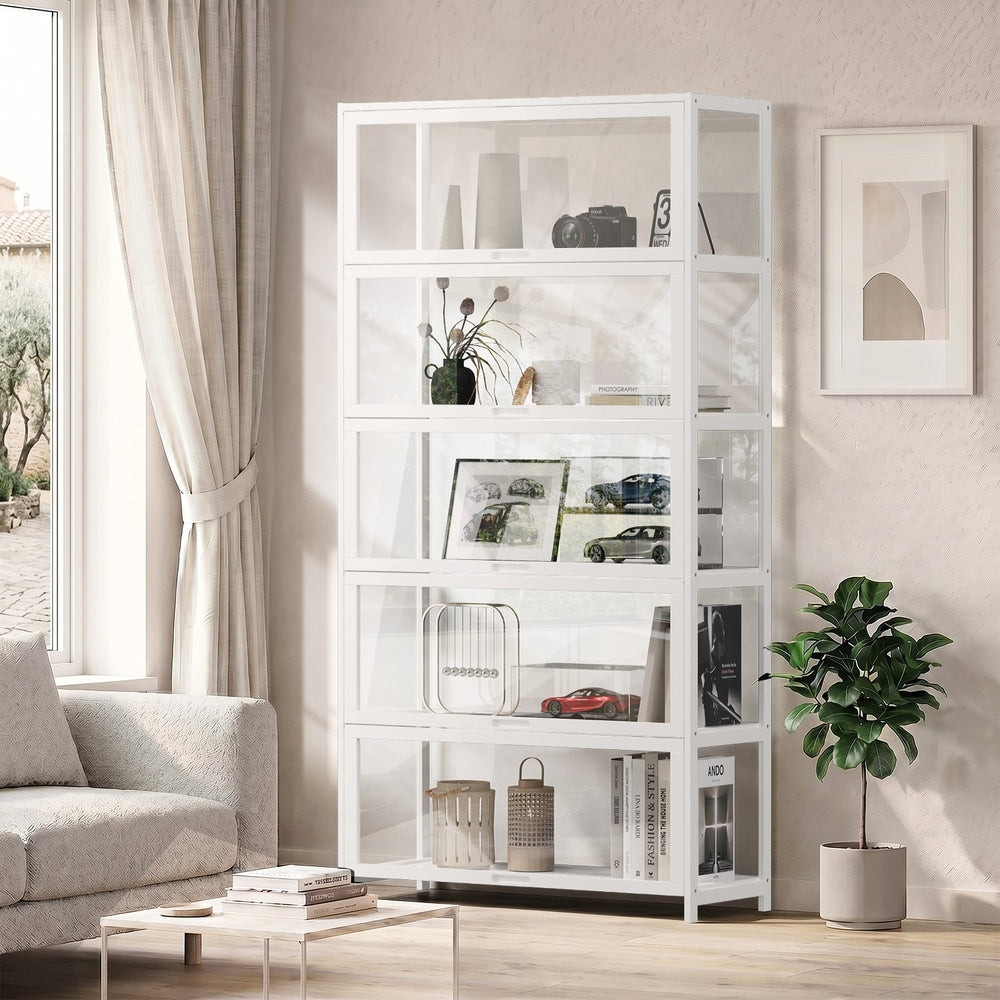 Display Cabinet White – 5‑Tier Bamboo Frame with Clear Acrylic Doors