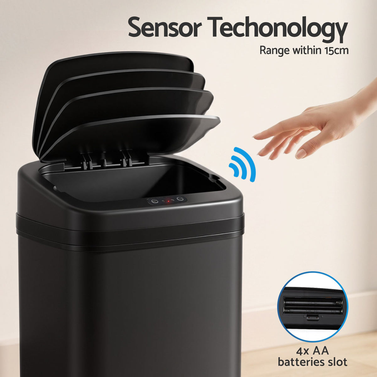 15L Motion Sensor Bin Touchless Bins Soft-Close Rubbish Trash Can Black