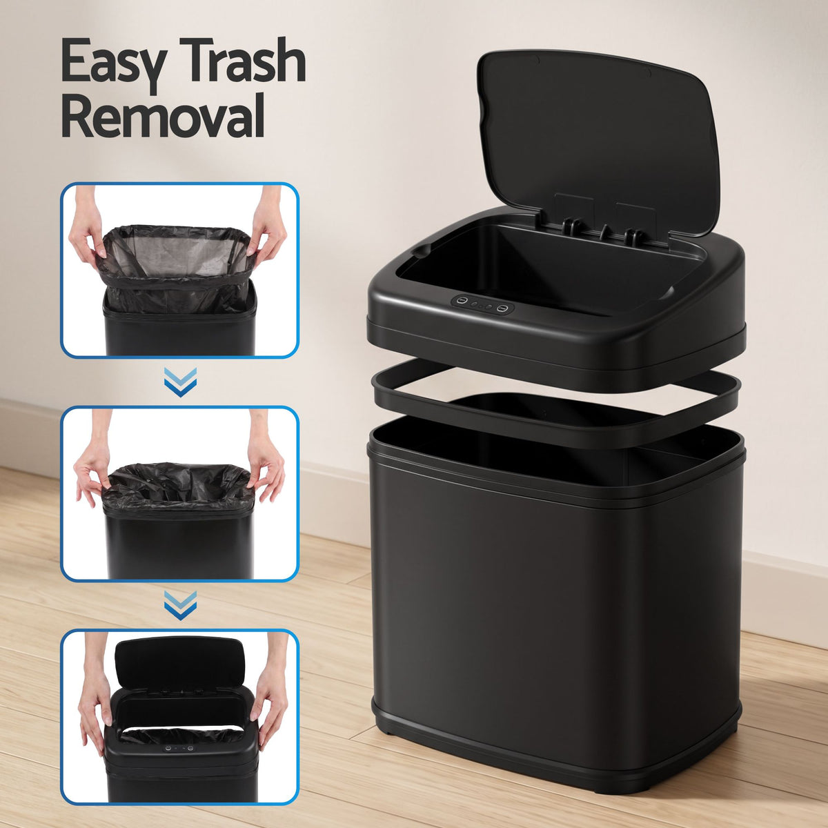 15L Motion Sensor Bin Touchless Bins Soft-Close Rubbish Trash Can Black