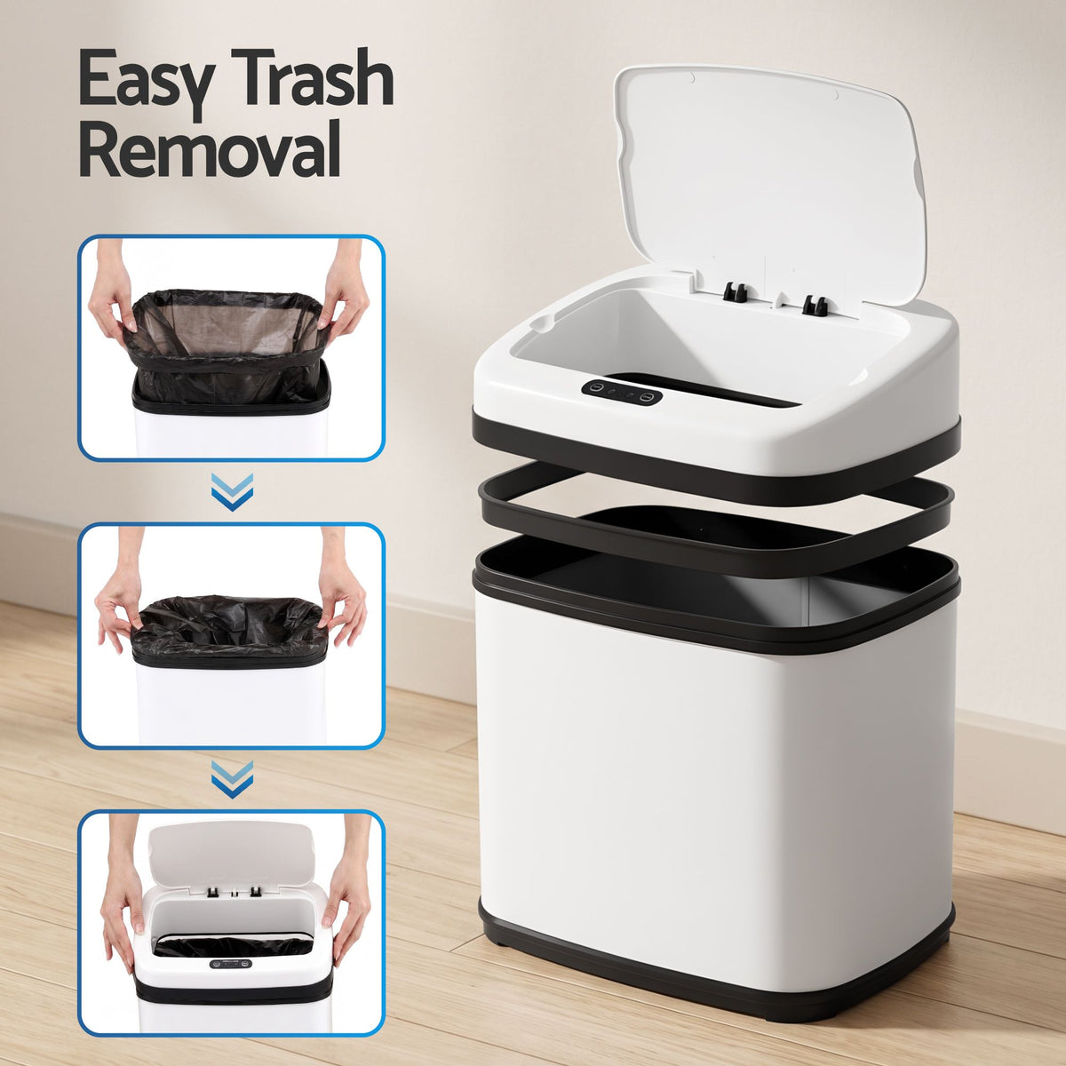 15L Motion Sensor Bin Touchless Bins Soft-Close Rubbish Trash Can White