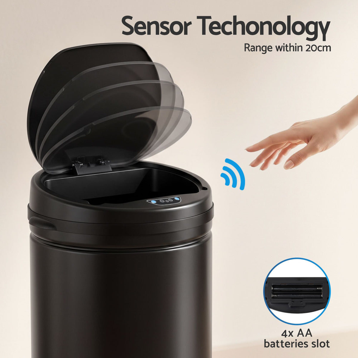 Devanti 30L Motion Sensor Bin, Touchless Soft-Close Rubbish Bin, Kitchen, Black