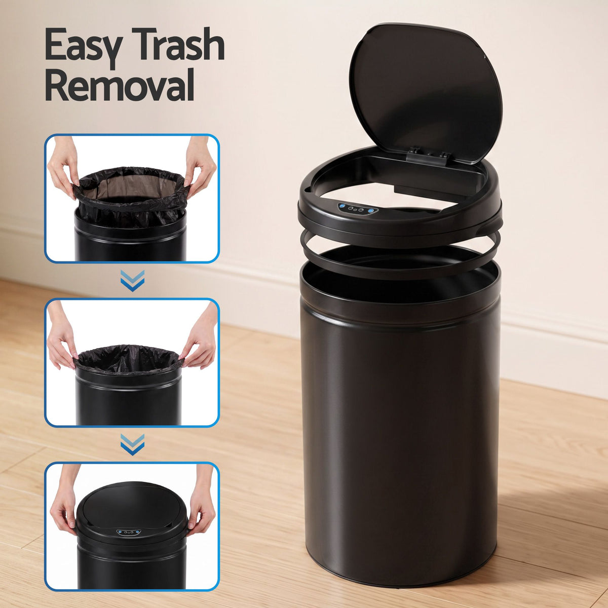 Devanti 30L Motion Sensor Bin, Touchless Soft-Close Rubbish Bin, Kitchen, Black