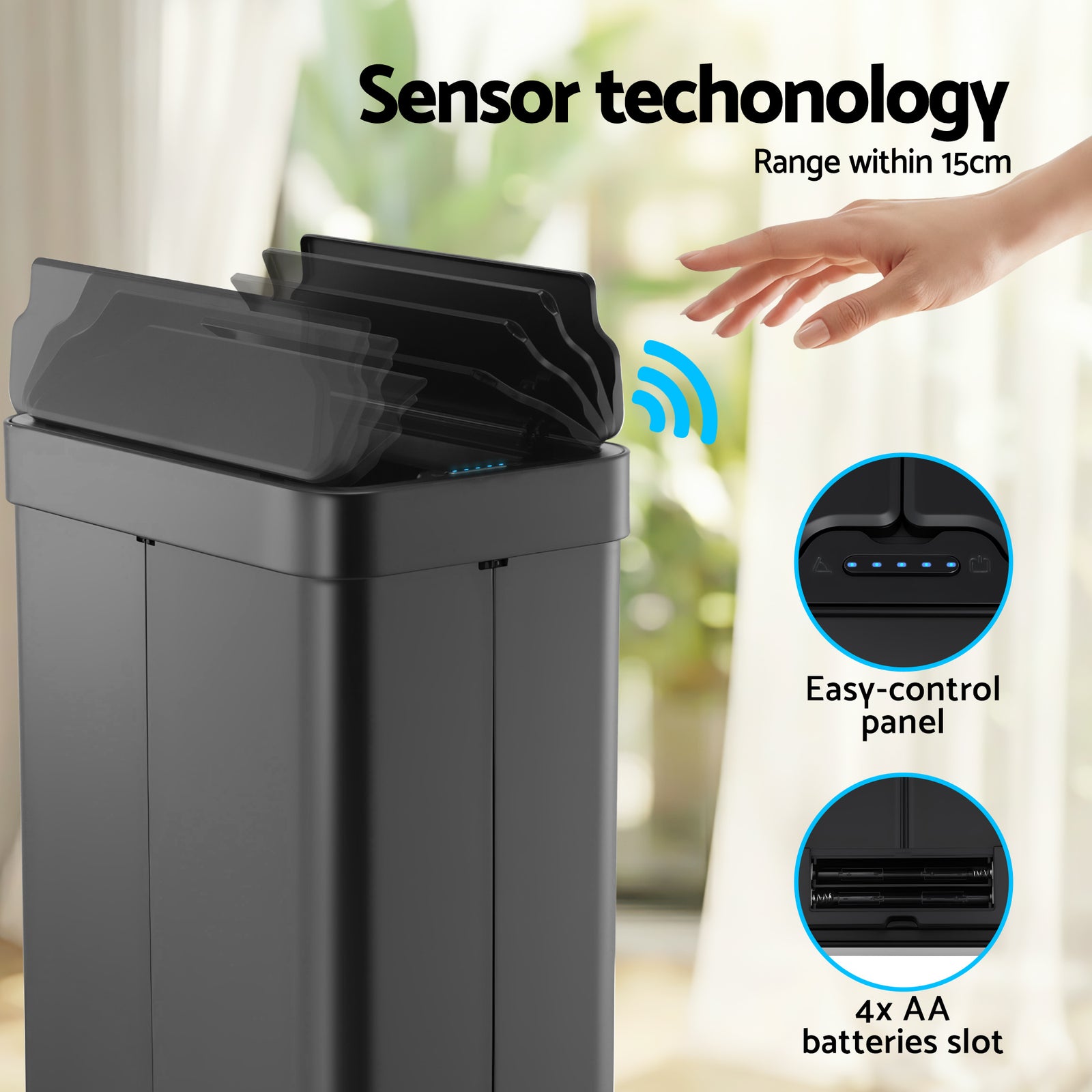 Rubbish Bin 70L Automatic Sensor Kitchen Bin, Slim Smart Garbage Can Touchless Rectangular with Liner Holder, Fully Closed Lid for Bedroom, Bathroom, Living Room, Black