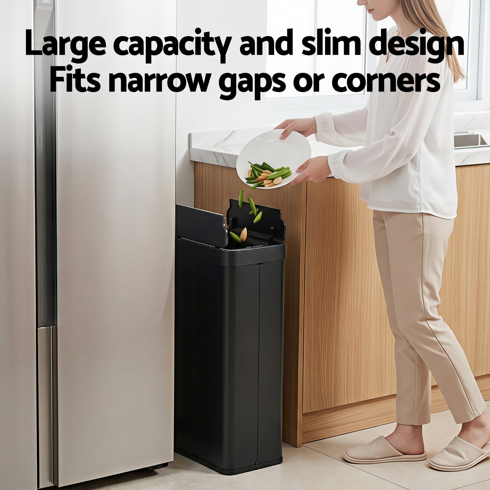Rubbish Bin 70L Automatic Sensor Kitchen Bin, Slim Smart Garbage Can Touchless Rectangular with Liner Holder, Fully Closed Lid for Bedroom, Bathroom, Living Room, Black