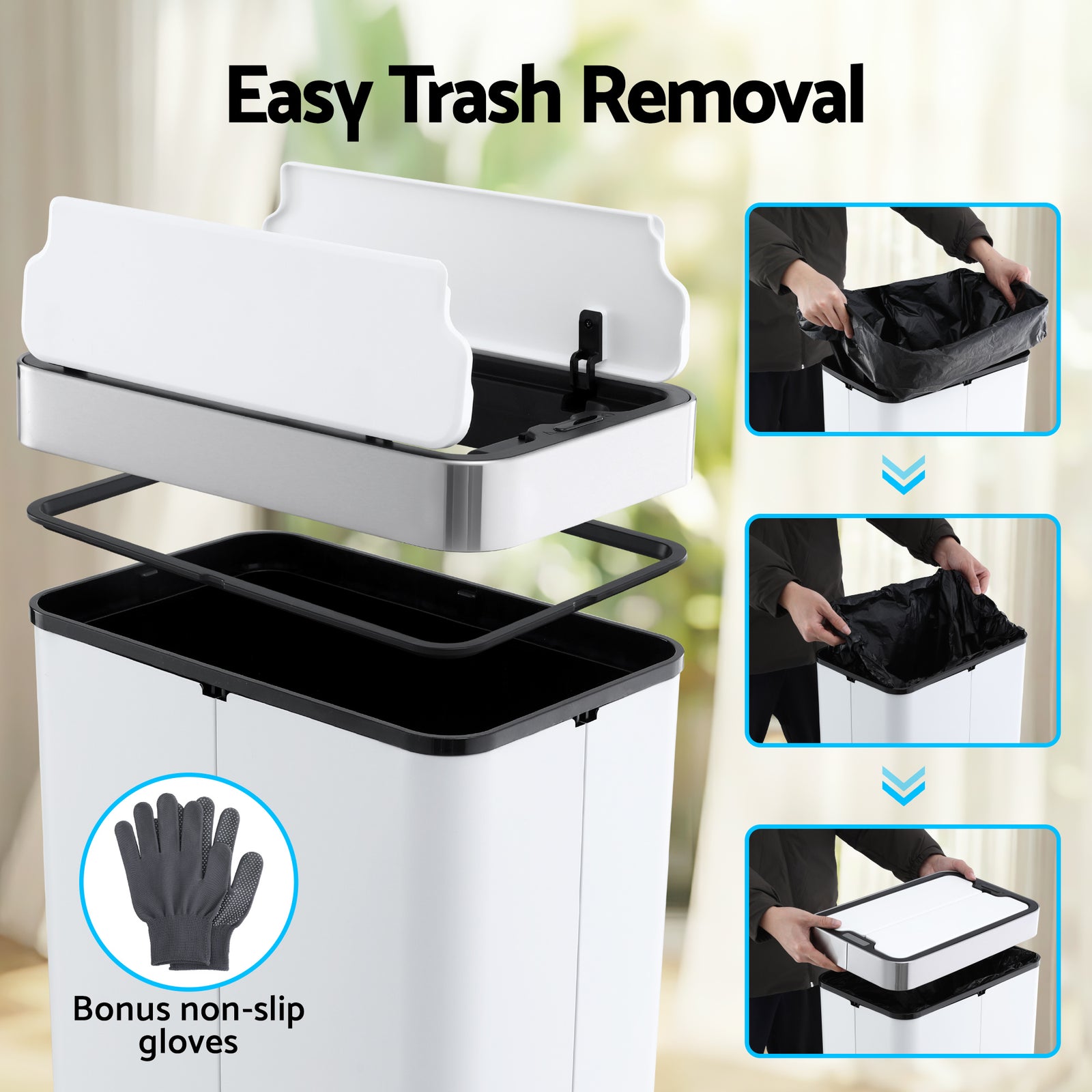 Rubbish Bin 70L Automatic Sensor Kitchen Bin, Slim Smart Garbage Can Touchless Rectangular with Liner Holder, Fully Closed Lid for Bedroom, Bathroom, Living Room, White