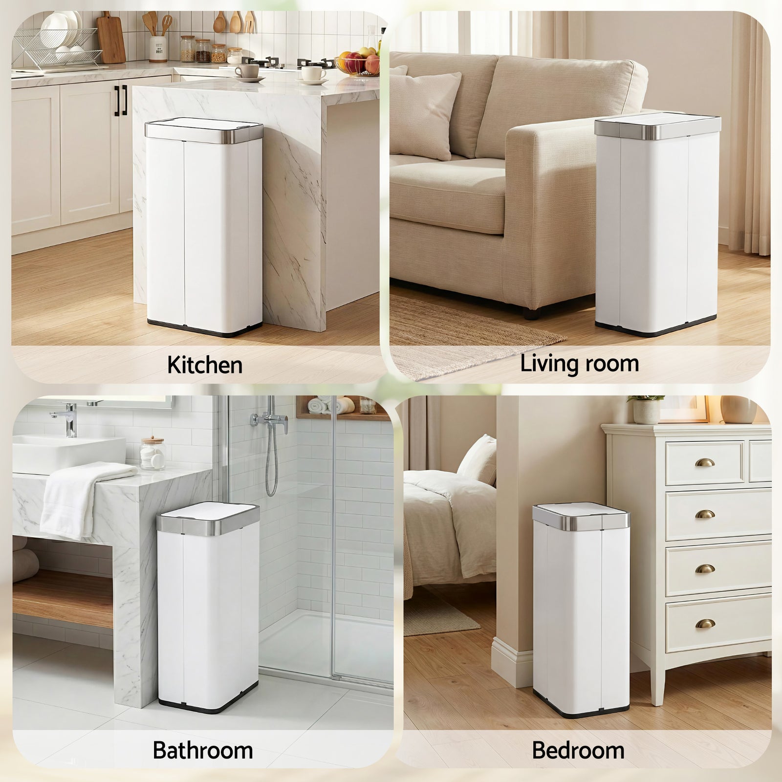 Rubbish Bin 70L Automatic Sensor Kitchen Bin, Slim Smart Garbage Can Touchless Rectangular with Liner Holder, Fully Closed Lid for Bedroom, Bathroom, Living Room, White