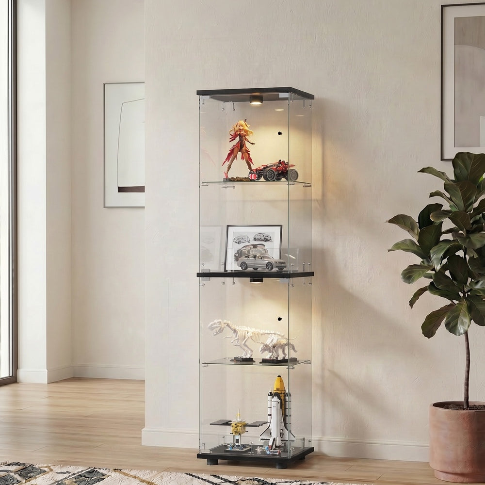 Glass Display Cabinet Black – 4‑Tier LED Light Showcase Clear Glass