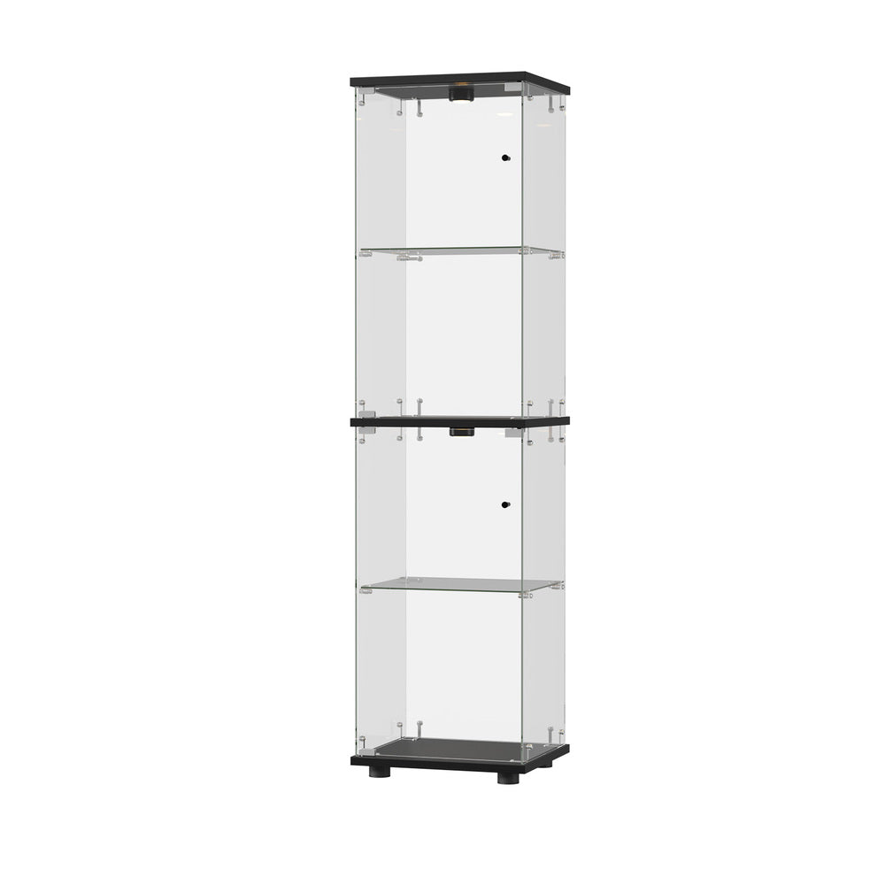 Glass Display Cabinet Black – 4‑Tier LED Light Showcase Clear Glass