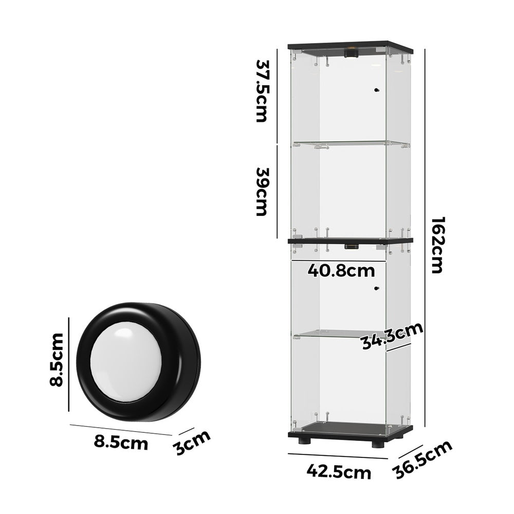 Glass Display Cabinet Black – 4‑Tier LED Light Showcase Clear Glass