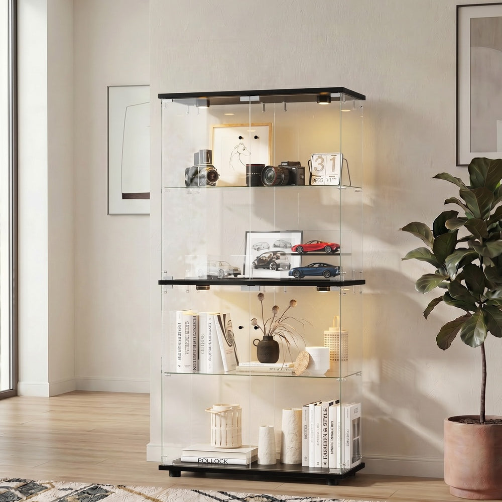 Glass Display Cabinet Black – 4‑Tier LED Showcase with Double Glass Doors