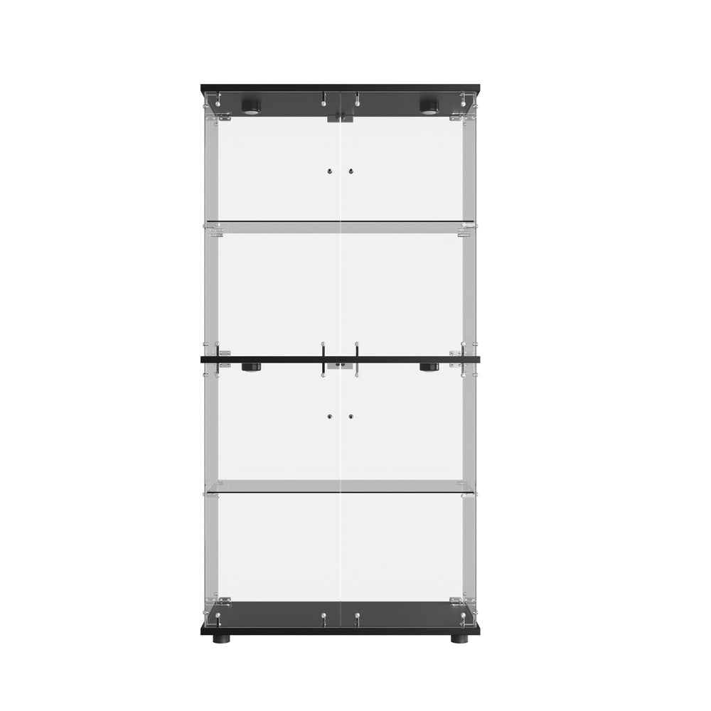Glass Display Cabinet Black – 4‑Tier LED Showcase with Double Glass Doors