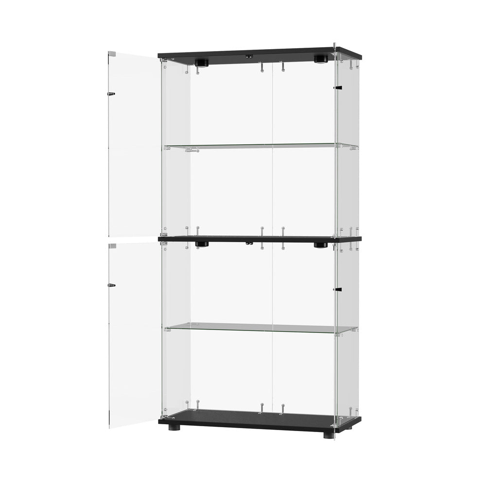 Glass Display Cabinet Black – 4‑Tier LED Showcase with Double Glass Doors