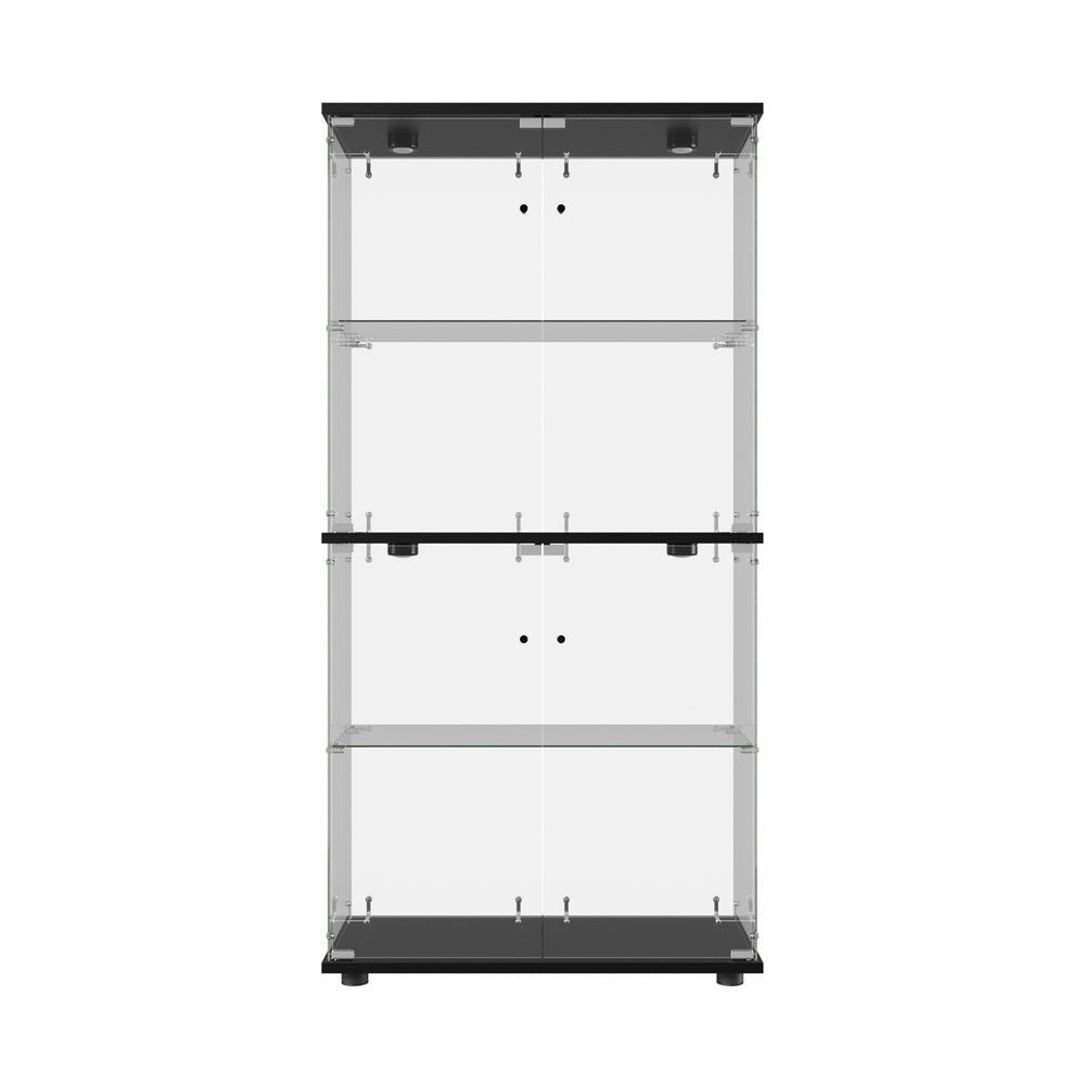 Glass Display Cabinet Black – 4‑Tier LED Showcase with Double Glass Doors