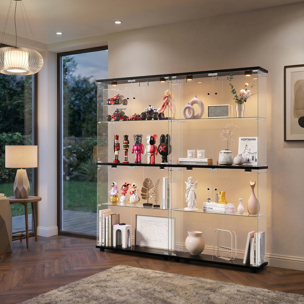 Glass Display Cabinet Black – 4‑Tier LED Showcase with Double Glass Doors