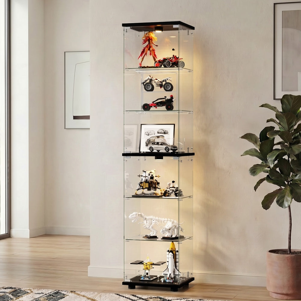 Glass Display Cabinet Black – 6‑Tier LED Light Showcase with Tempered Glass