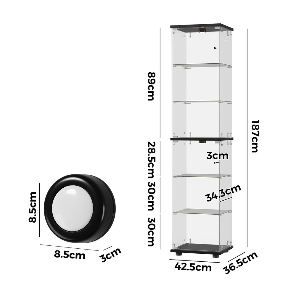 Glass Display Cabinet Black – 6‑Tier LED Light Showcase with Tempered Glass