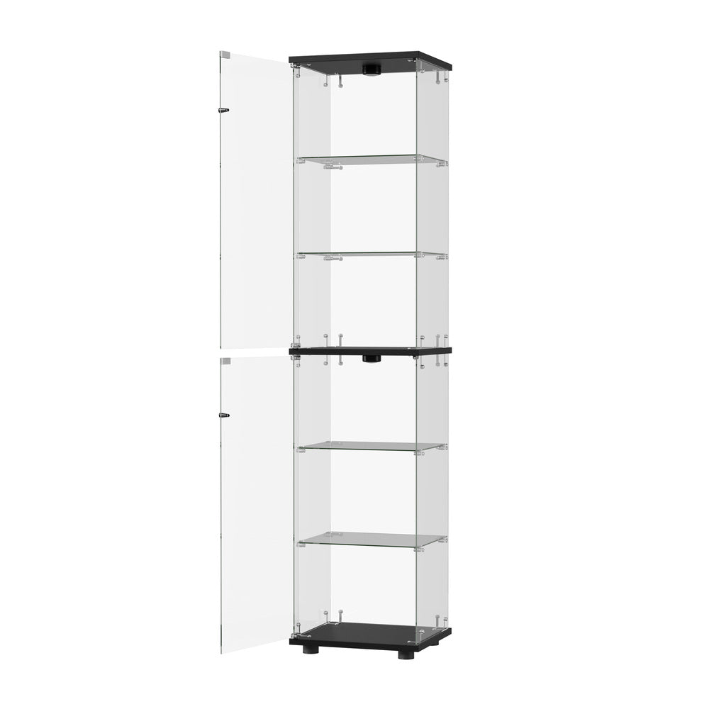 Glass Display Cabinet Black – 6‑Tier LED Light Showcase with Tempered Glass