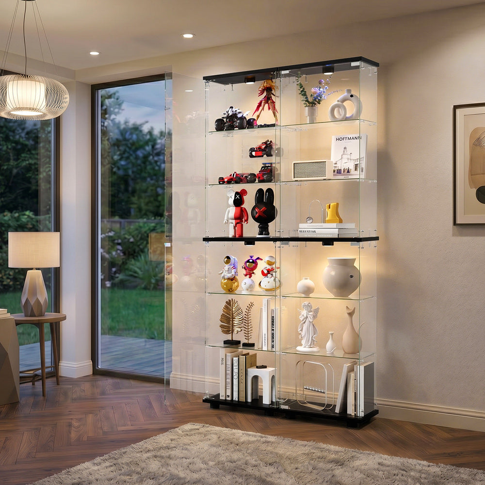 Glass Display Cabinet Black – 6‑Tier LED Light Showcase with Tempered Glass