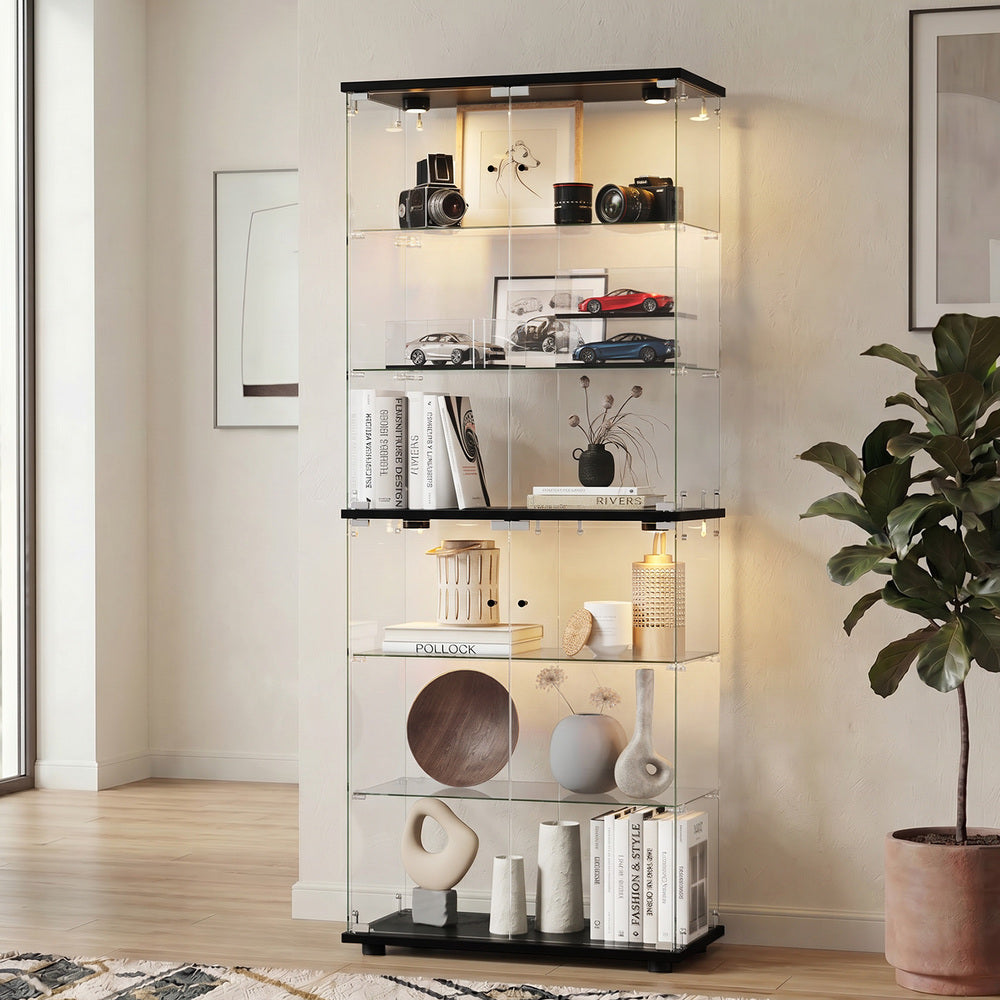 Glass Display Cabinet Black – 6‑Tier LED Showcase with Double Glass Doors